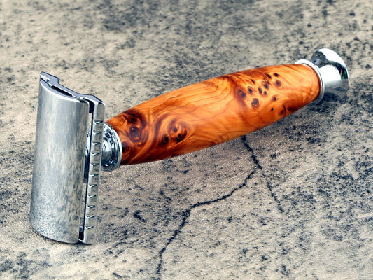 Wooden Safety Razor - Yew Burl - Handmade in Ireland