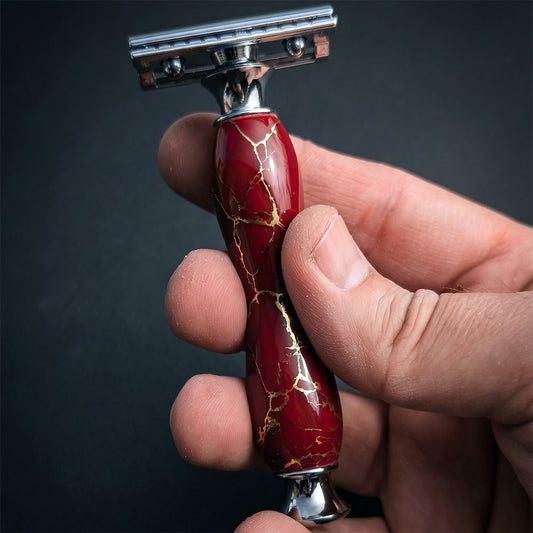 Stone & Resin DE Safety Razor - Red & Gold Matrix - Handmade in Ireland