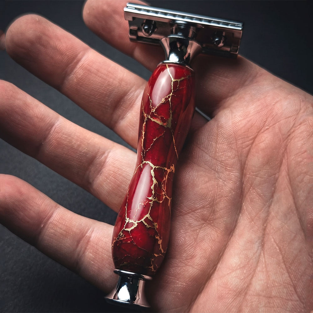 Stone & Resin DE Safety Razor - Red & Gold Matrix - Handmade in Ireland